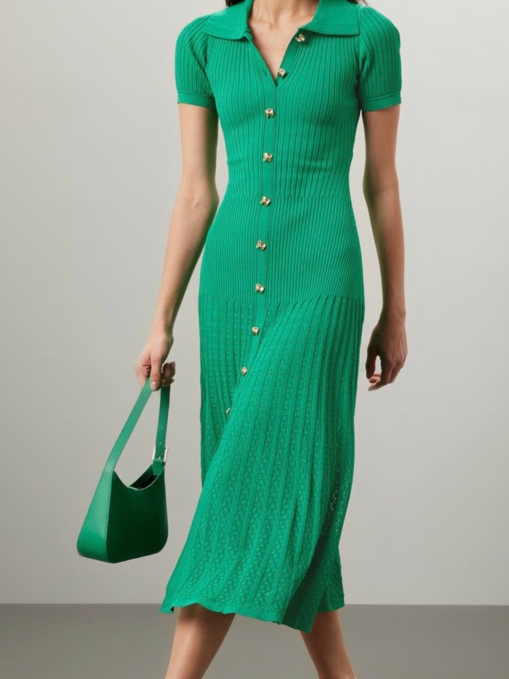 Green Short-Sleeve Ribbed Knit Button-Front Midi Dress Sandro size FR 42/US10
